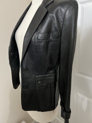 Burberry London Sz 2 Black Leather 2 Button Jacket VG Preowned