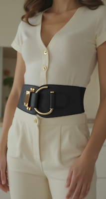 Women Black Color Stretch Wide Faux Leather Belt Gold Hook 