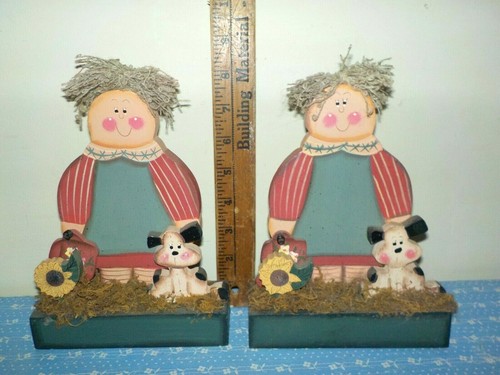 2 Vintage Wooden Folk Art Hand Painted Shelf Sit Garden Girl w/ Puppy