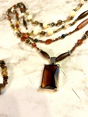 Beaded Chain Multi Strand Fashion Necklace w/ Large Brown Pendant & Bracelet Set