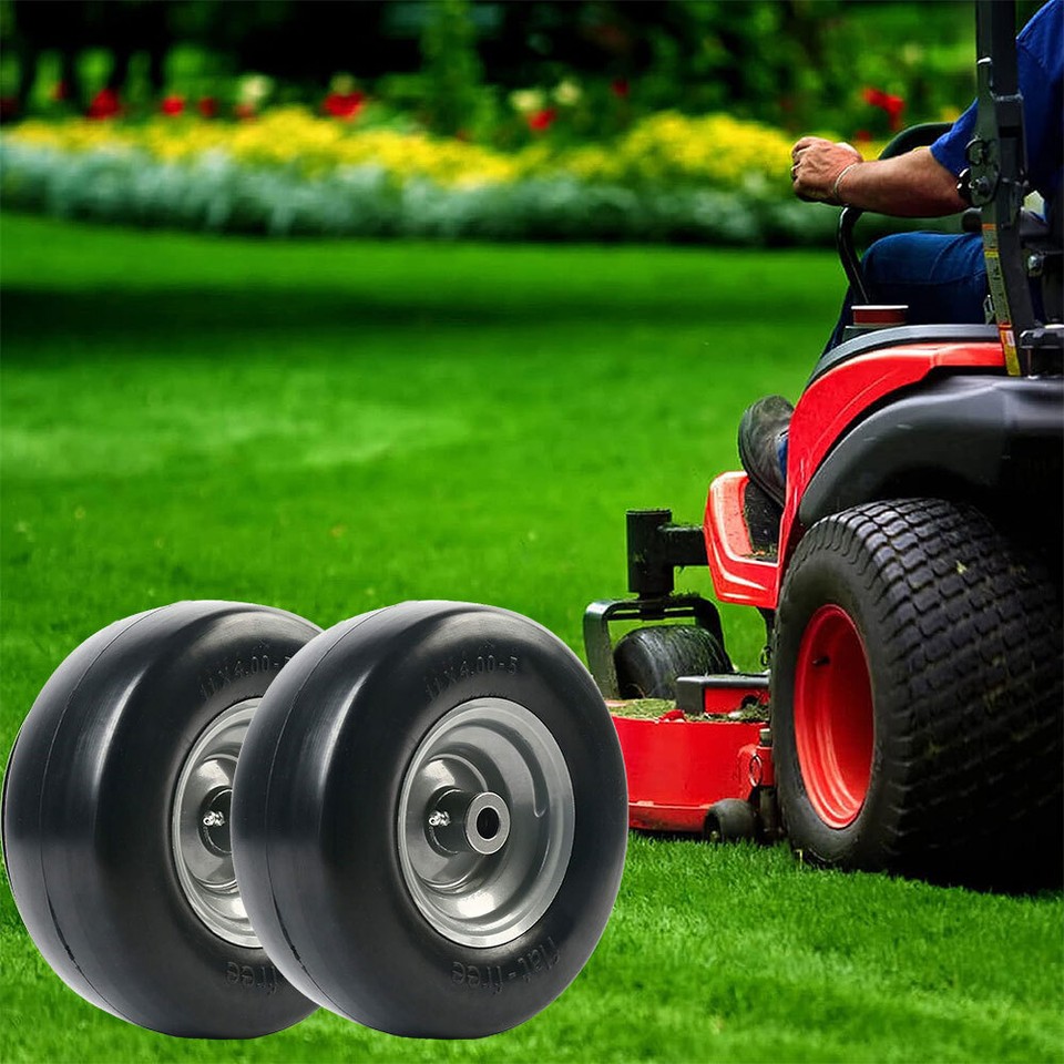 11x4.00-5 Flat Free Lawn Mower Tires On Rim - Smooth Tread, 3/4" Or 5/8" Bushing (with Adapter), Centered Hub