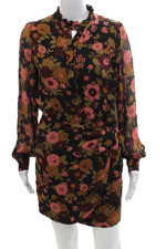 Sezane Womens Wrap Mini Dress Black Floral High Neck Long Sleeve Size 34