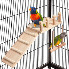 Bird Perches Platform Swing with Climbing Ladder, Parakeet Cage Accessories Wood