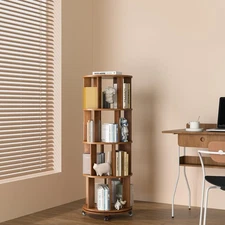 4 Tier 360° Rotating Bookshelf Tower Solid Wood Spinning Bookcase with Movabl...