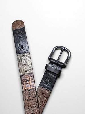 vintage Y2K leather belt FOSSIL patchwork 36 floral STUDDED 