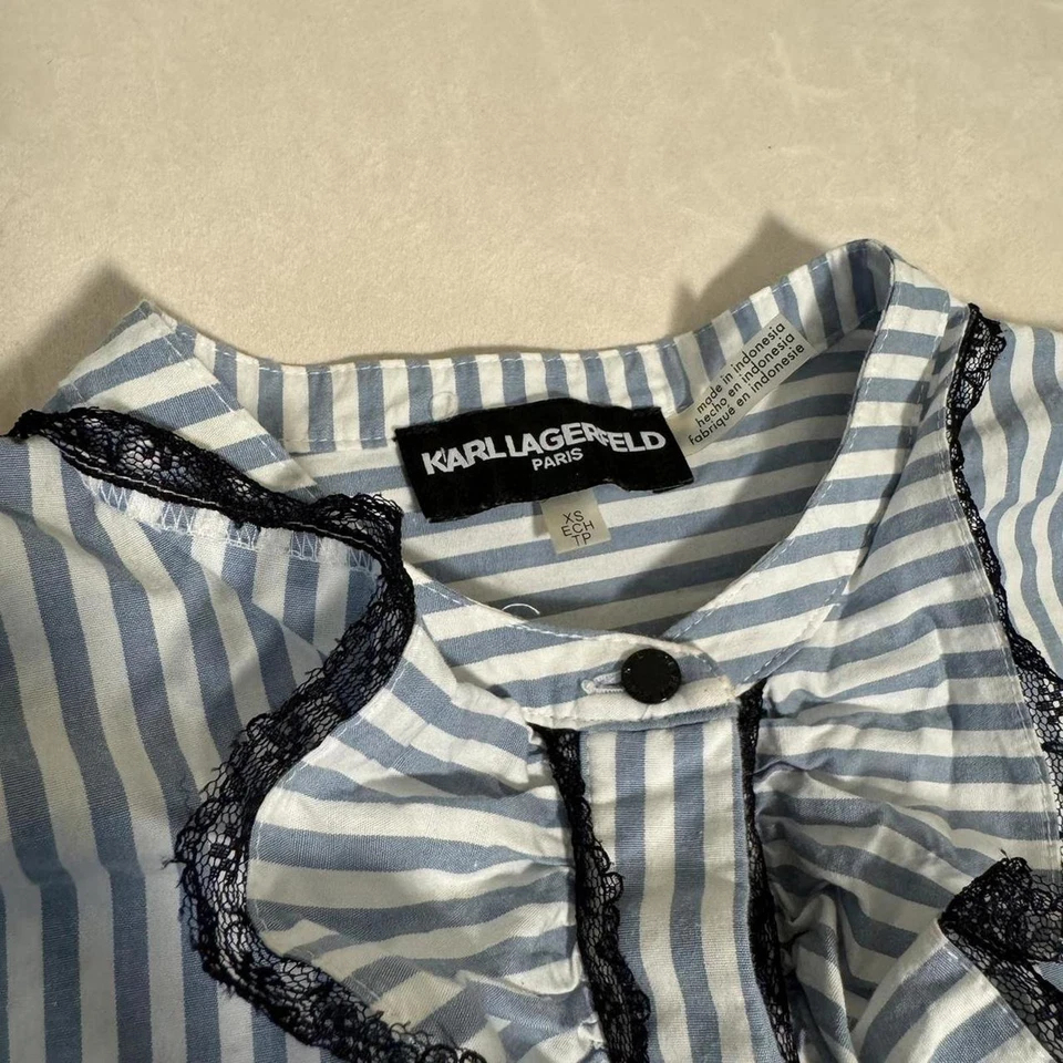 Karl Lagerfeld Ruffle Blouse Exrta Small White Blue Stripe Lace Bell Sleeves - Image 4 of 4