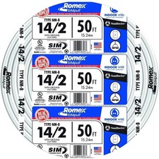 Romex Brand Simpull Solid Indoor 14/2 W/G NMB Cable 50ft coil - SW 28827422