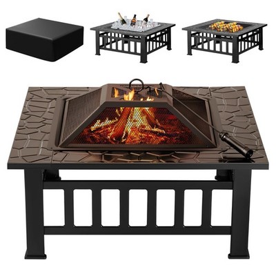 32'' Outdoor Fire Pit Table - Metal Firepit with Waterproof Cover for Patio & Cam