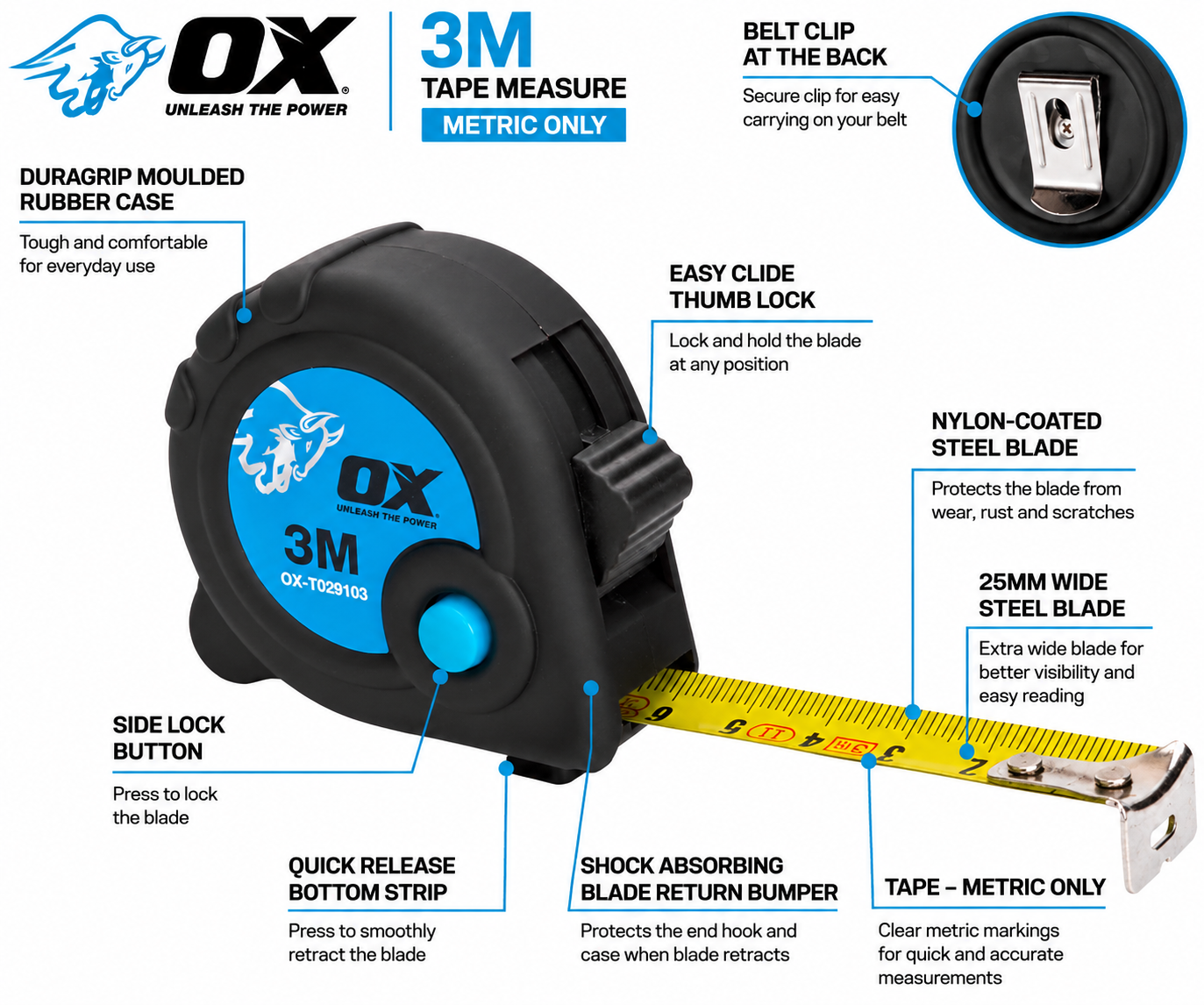 OX Trade 3m Tape Measure - Metric Only, Nylon Coated Blade | Wide Blade, Duragrip Moulded Rubber Case, Shock Absorbing Retractable with Thumb Lock, End Hook Belt Clip - Image 2