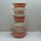 Vintage Pyrex Pink Gooseberry Casserole Set w/Lids in EUC 471-475