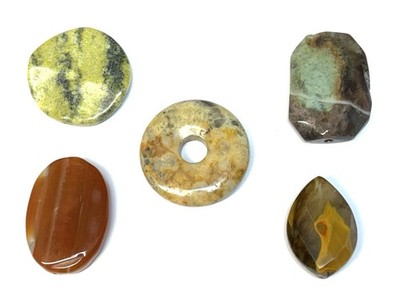 LOT of 5 Gemstone Focal Beads, drilled 30-35mm Set 4, green Opal, Agate, more