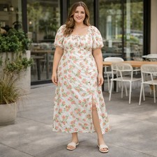 Cider Peach Fruit Print Puff Sleeve Midi Dress Slit Cottagecore 3XL NWT