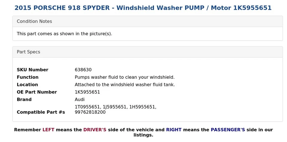 Porsche 918 Spyder 2015 - bomba lavadora de parabrisas / motor 1K5955651 Foto 4 de 4