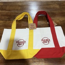 TRADER JOES MINI CANVAS TOTE BAGS LOT OF 2  YELLOW  RED BRAND NEW