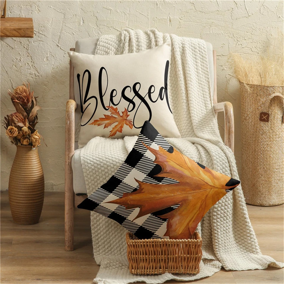 Fall Pillow Covers 18X18 Thanksgiving Farmhouse Decorations Buffalo Plaid Pumpki - Image 4 of 4