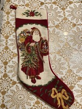 Needlepoint Old World Woodland Santa Claus Christmas Stocking Red Velvet