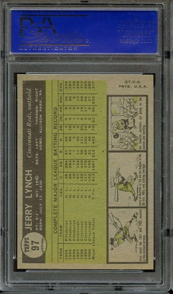 1961 TOPPS #97 JERRY LYNCH PSA 9 REDS *B61097 - Image 2 of 2