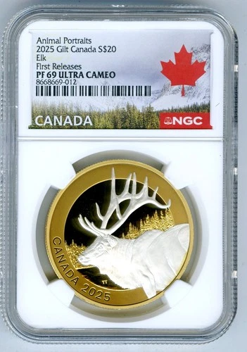 2025 $20 CANADA 1 OZ SILVER PROOF GILT NGC PF69 UCAM ANIMAL PORTRAITS ELK - FR