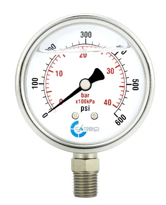 CARBO INSTRUMENTS 2" Pressure Gauge, Stainless Steel Case, Liquid Filled, Lower Mnt, 600 PSI
