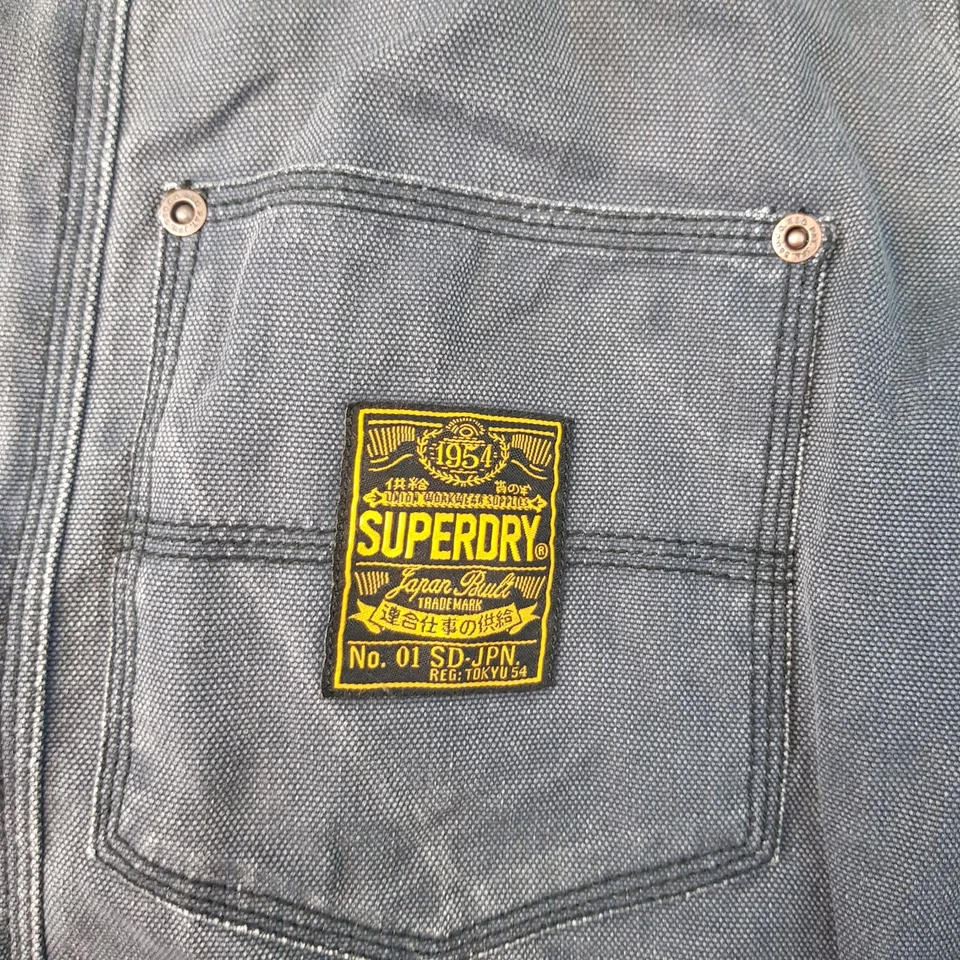 Superdry Hombre Chaqueta Grande Azul Denim Biker Utility Café Moto Ropa de Trabajo Pesada Foto 3 de 4