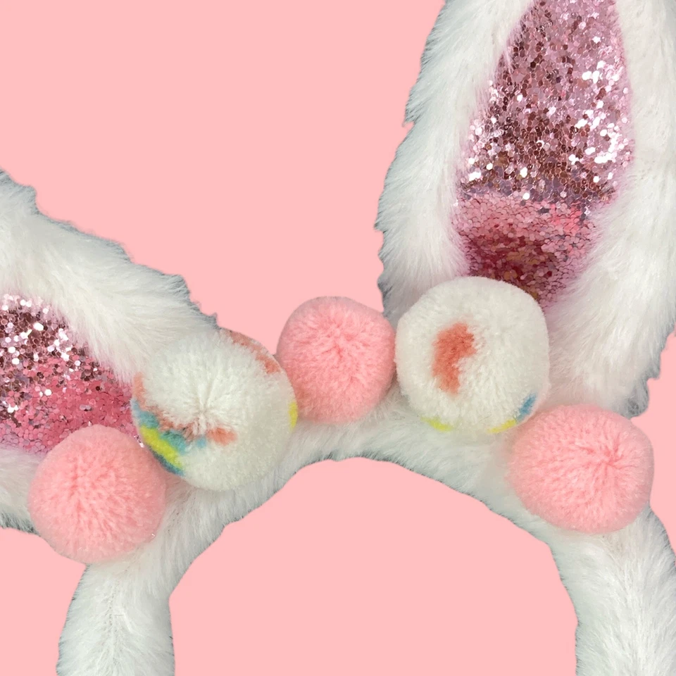 Kids Furry Easter Bunny Rabbit Ears Headband with Poms & Glitter Ears Age 3+ NEW - Image 2 of 4