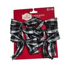 Holiday Time black and white buffalo plaid bows 2.5" xmas tree farmhouse 6 Pk.
