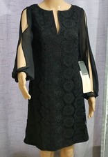 New Adrianna Papell Little Black Dress sheer Sleeve Shift Size 4