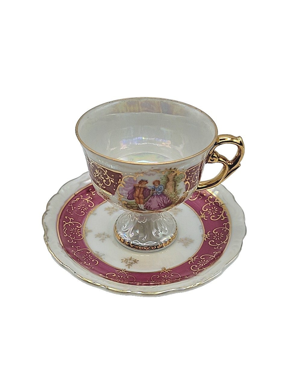 Red Demitasse Courting Couple Footed Gilded Small Cup and Saucer Vintage Japan