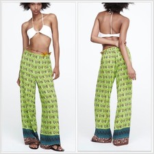 Zara Full Length Printed Wide Leg Trousers Green size S