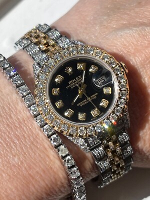 Custom 18k yellow gold stainless ladies Rolex date just diamonds black dial