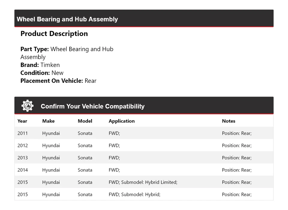 For 2011-2015 Hyundai Sonata FWD Wheel Bearing and Hub Assembly Rear Timken 2012 - Image 2 of 4