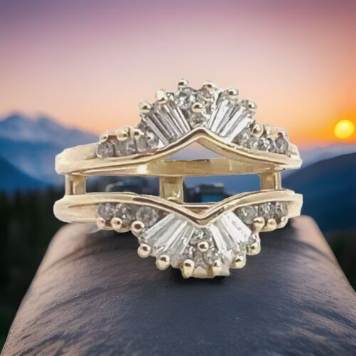 14K 1/2 CT Natural Diamond Ring Crown Tiara Enhancer Wrap Baguette Band Sz 7