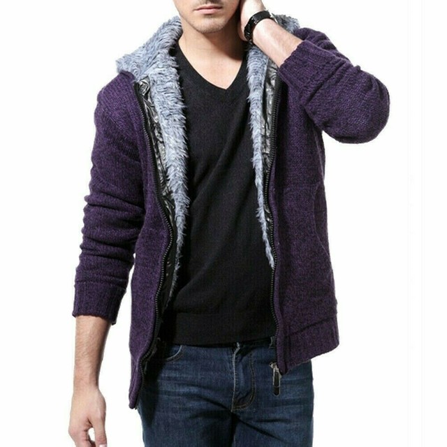 Mens Faux Fur Lined Jacket Knited Zip Up Hoodie Winter Hooded Tops Knitwear Warm | eBay