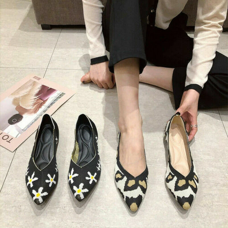 Mujeres Cómodas Tejer Tela Punta Puntera Plana Suave Princesa Zapatos Caminar Nuevos Foto 3 de 4