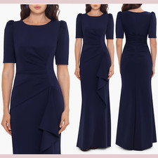 NWT $218 XSCAPE [ PETITE 14P ] Ruffle Puff Sleeve Gown in Midnight Blue #J523