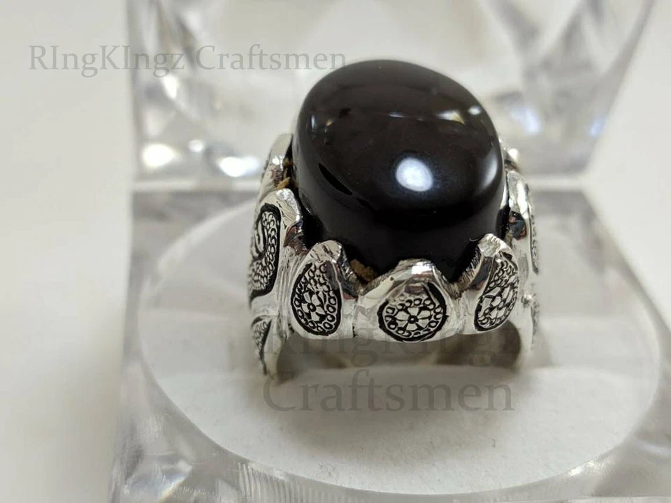 Anillo Yemení Aqeeq Hombres Oxidado Declaración Joyería Plata de Ley 925 Ágata Negra Foto 4 de 4