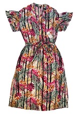 nine west dress 8 pink floral belted fir/flare ruffle sleeve button$89
