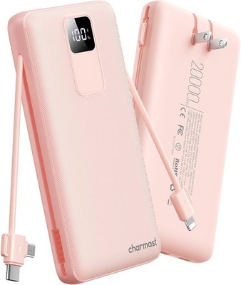 20000mAh Power Bank w/ Built-in Cables AC Plug USB-C Portable Charger 5 Out/2 In