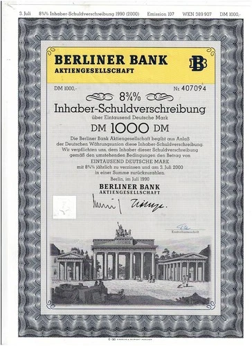 TAA #27 Berliner Bank AG, Berlin 1990, IS 1000 DM, Bond for Reunification