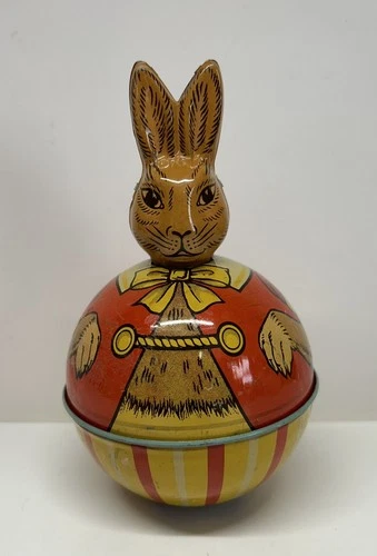 Rare Vintage J Chein & Co. Bunny Rabbit Roly Poly Tin Litho Easter Toy