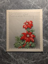 Christmas Card Vintage Red Poinsettia Holly Berries Holiday Greetings 1940s