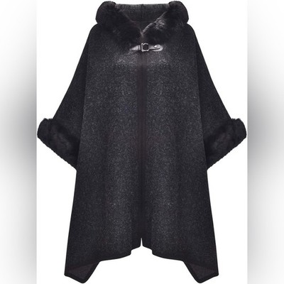 Women Winter Fashion Faux Fur Trim Layers Hood Cardigan Warm Cape Sweater Cloak