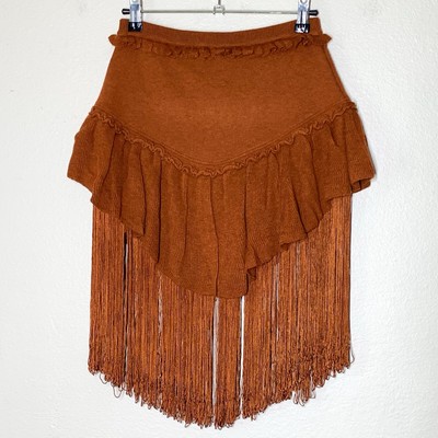 Understated Leather Cabaret Cowboy Knit Fringe Skirt XS S Tan Mini