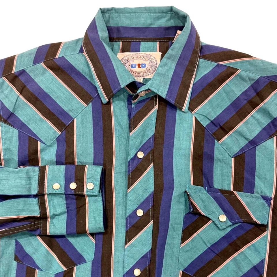 Vintage 80s Pearl Snap Western Button Down Shirt Cowboy X-Long Blue Stripe 15.5 - Image 3 of 4