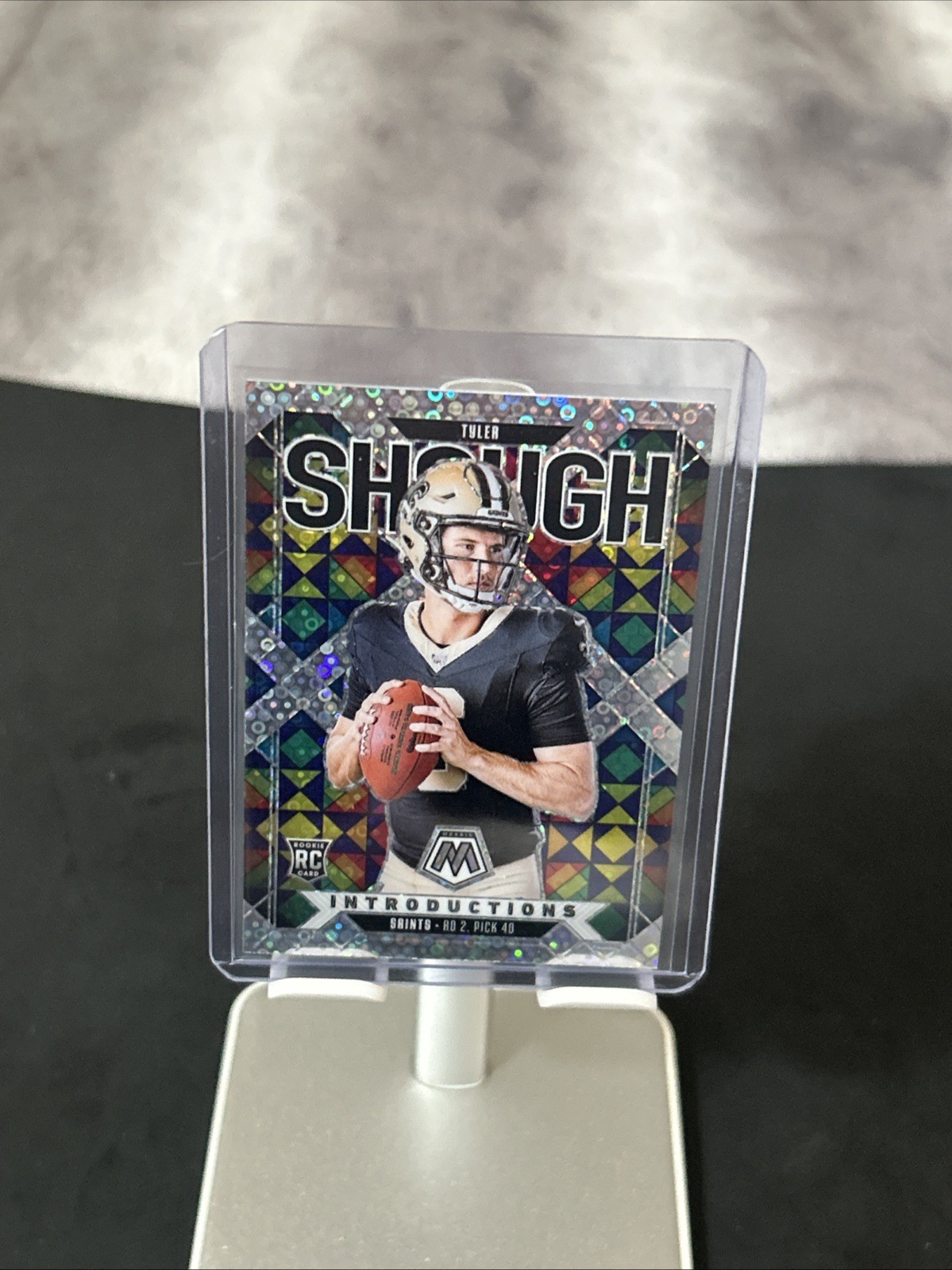 Tyler Shough 2025 Panini Mosaic No Huddle Introductions Disco Prizm RC
