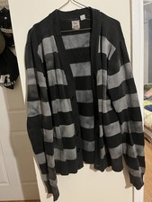 triple five soul Men's Striped Cardigan Sweater Black Gray V-Neck Knit Large