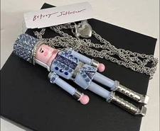 Betsey Johnson Necklace Blue Nutcracker Long Pendant Crystal Holiday Christmas
