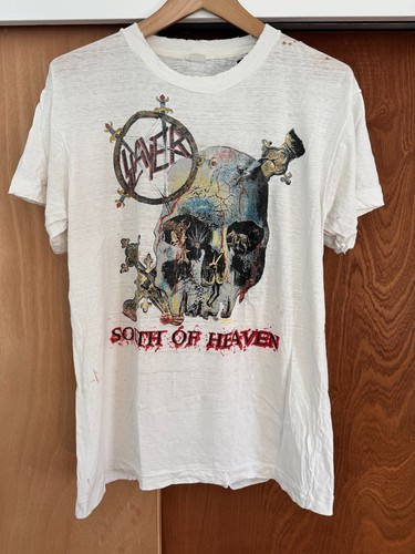 Vintage 1990 Slayer South of Heaven White T-Shirt Size L Thrashed Threadbare