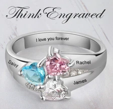 Personalized Engraved 3 Heart Birthstone Mother's Ring or Mom Ring .925 Sterling