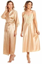 Ladies Long  Lace Detail Satin Nightdress - Dressing Gown or full Set. (UK MADE)
